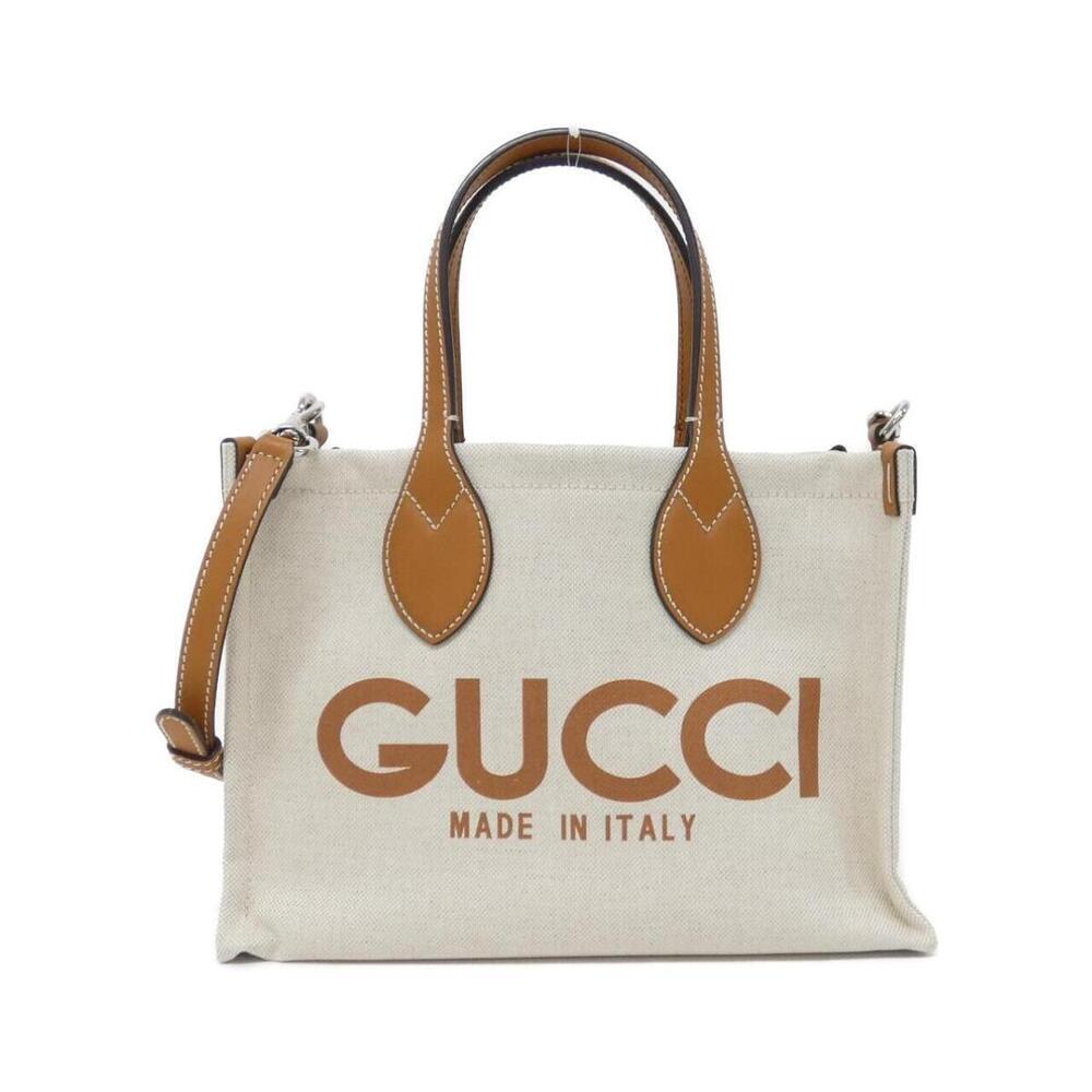 Gucci logo print tote bag beige canvas brown leather